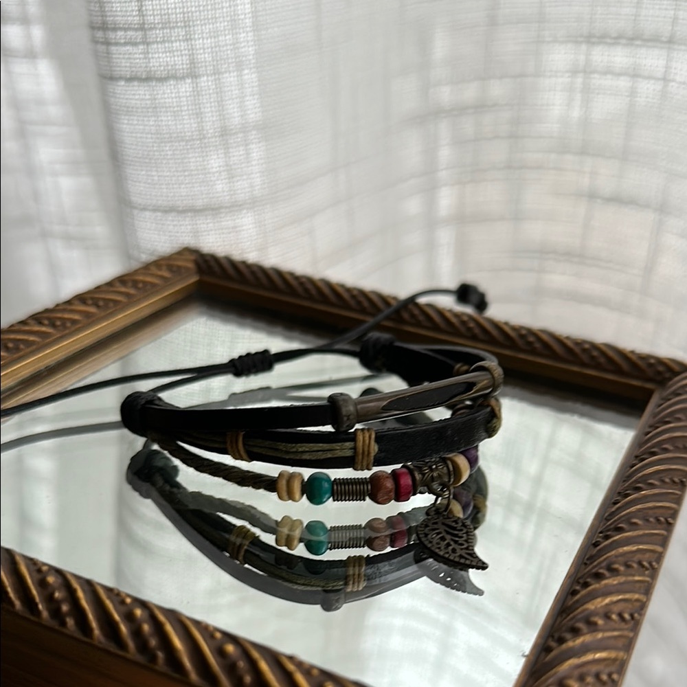 Woodland Fairy Leather Handmade Bracelet with Leaf Charm Stack